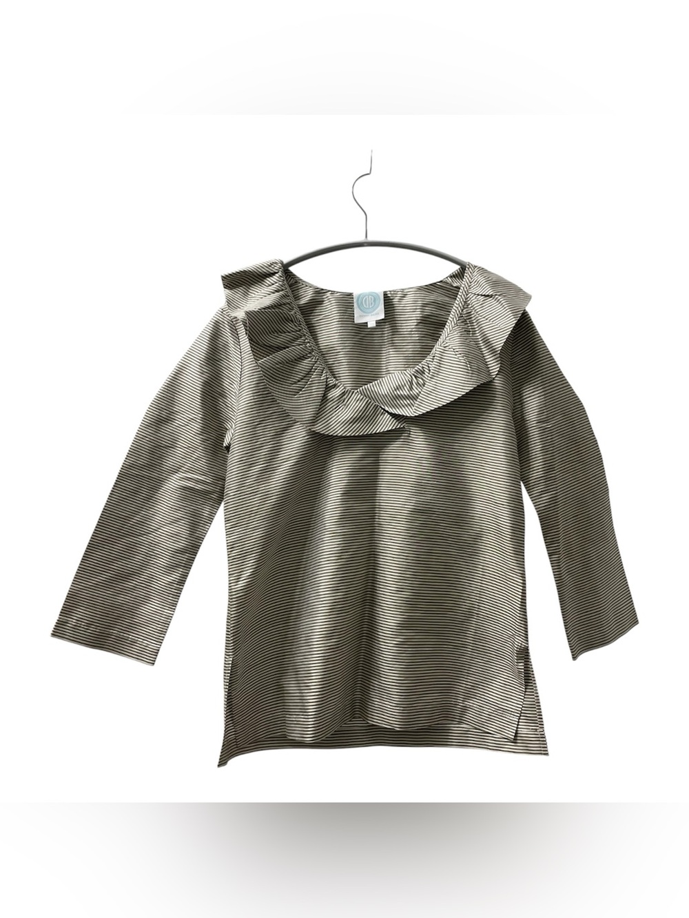 Devon Baer Cream And Olive Ruffle Neckline Top